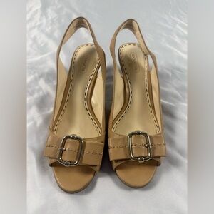 Coach‎ Miranda Buckle Bow Slingback Heels 6.5 Tan Leather Peep Toe